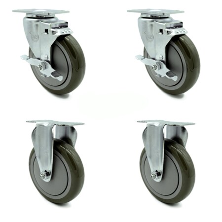 Service Caster 5 Inch Gray Polyurethane Wheel Swivel Top Plate Caster Set with 2 Brake 2 Rigid SCC-20S514-PPUB-TLB-TP3-2-R-2